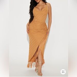 Fashion Nova Asymmetrical Tan Fringe Dress